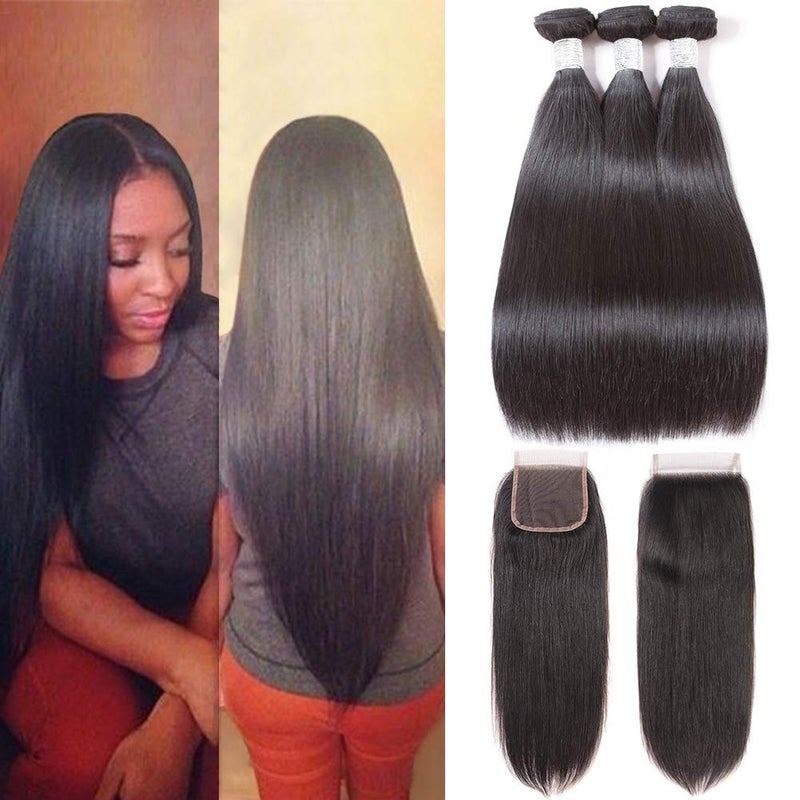 Subella Straight Hair 3 Bundles with Closure 14 16 1812 10A Unprocessed Brazilian Virgin Human Hair Bundles with Lace Closure Free Part